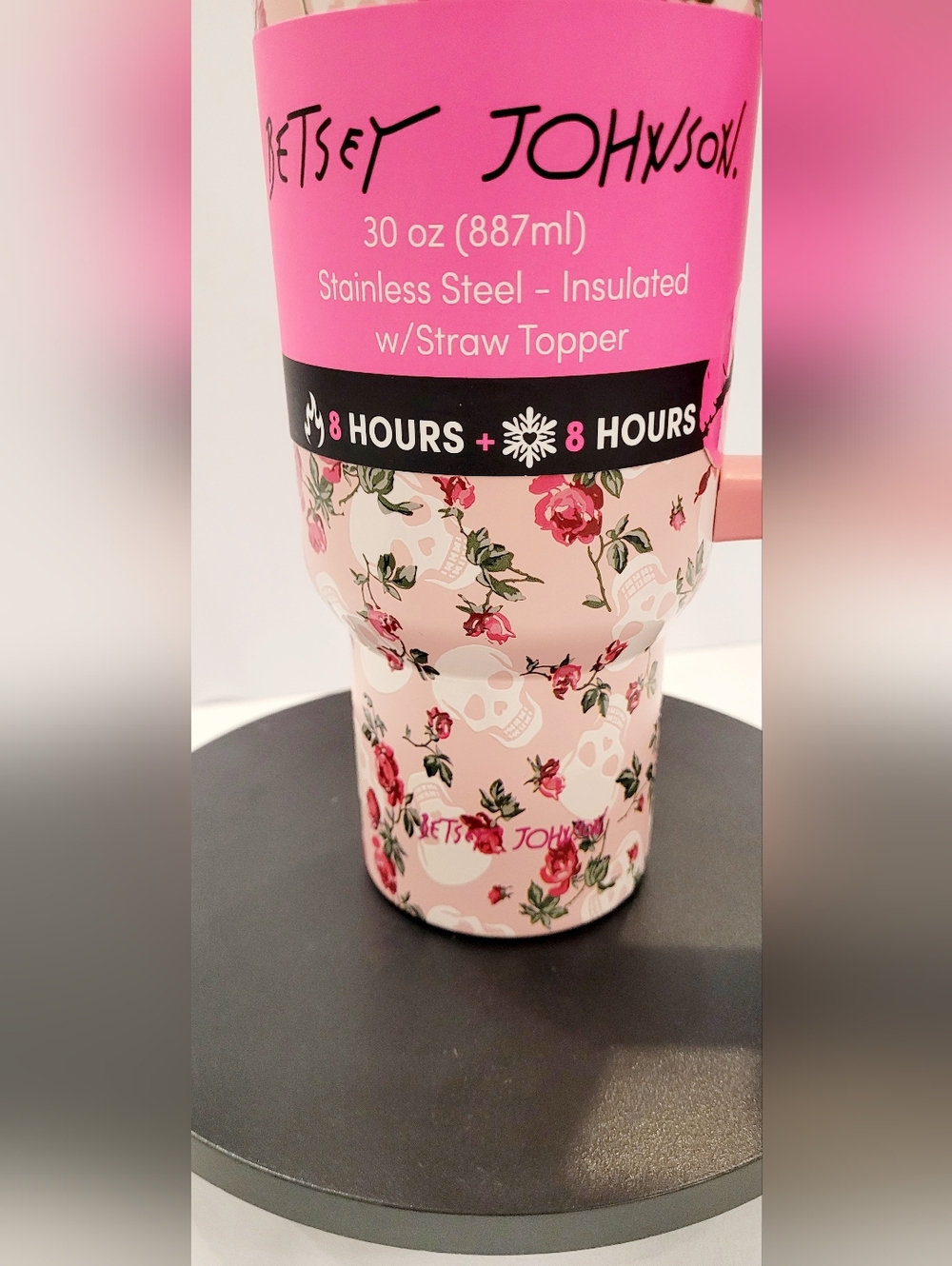 Betsey Johnson Pink Floral Skull Insulated Travel Tumbler with Handle - Picture 3 of 4